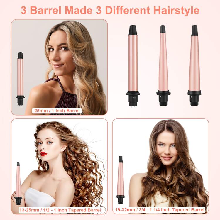 3 in 1 Curling Wand Tapered Set 1/2-1 1/4 Inch Interchangeable Barrel Ceramic Curling Wand Iron for Short to Long Hair with Attachment Glove Dual Voltage Rose Pink - Baby Pink - View 2