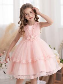 Vestido de tul elegante y de princesa con flores 3D rosa para niña pequeña, adecuado para cumpleaños, fiestas, bodas, niña de las flores, recitales de piano y celebraciones festivas - Rosa - Ver 4