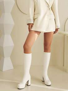 JIAOFEITI 女士冬季流行方頭高跟靴,防水平台和厚跟及過膝設計 - 白色 - 查看 3