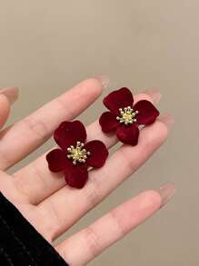 1對獨特風格紅色天鵝絨花朵耳針適合日常佩戴 - 酒紅色 - 查看 1
