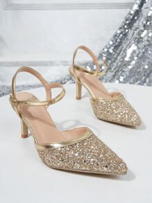 Women's Sequin Decorated Pointed Toe High Heel Sandals - Gold - View 5