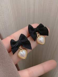 1pair Black Bowknot & Heart & Pearl Dangle Earrings Suitable For Daily Wear - Black - View 1