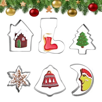 6入組不鏽鋼聖誕節曲奇模具,包括薑餅人、餅乾、樹、星星、襪子、鈴鐺、月亮、房子和曲奇切割器和擀麵棍