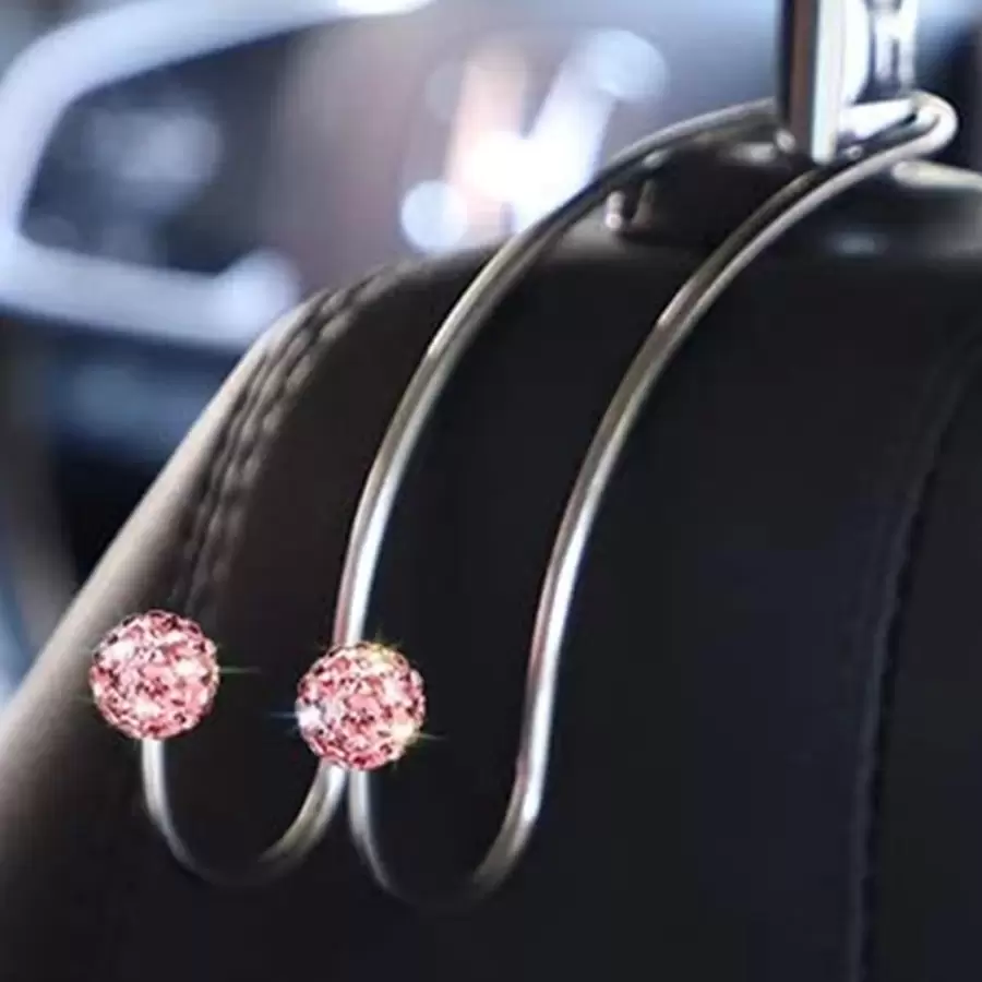 1pc Stainless Steel Car Headrest Hook With Rhinestone Decor Multi-functional Car Seat Back Organizer Hook - Pink - View 1