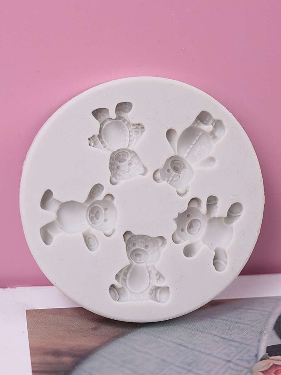 1入組5孔可愛小熊造型矽膠蛋糕模具,可用於diy烘焙、裝飾用翻糖&巧克力 - 白色 - 查看 1