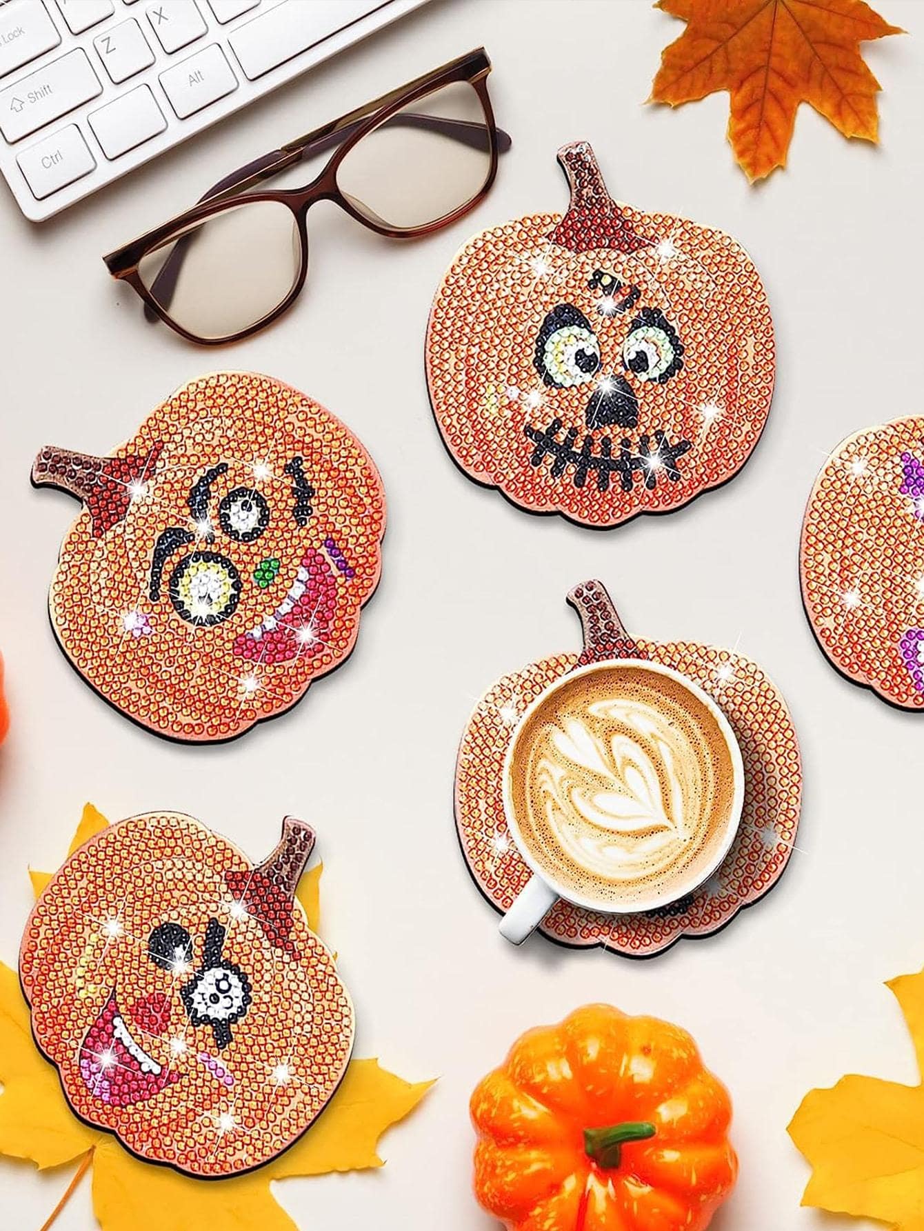 6Pcs Diamond Painting Coasters Kit with Holder Base, DIY Halloween