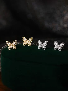 1雙時尚蝴蝶設計方晶鋯石裝飾999純銀耳釘,合適的適用於女性日常穿著