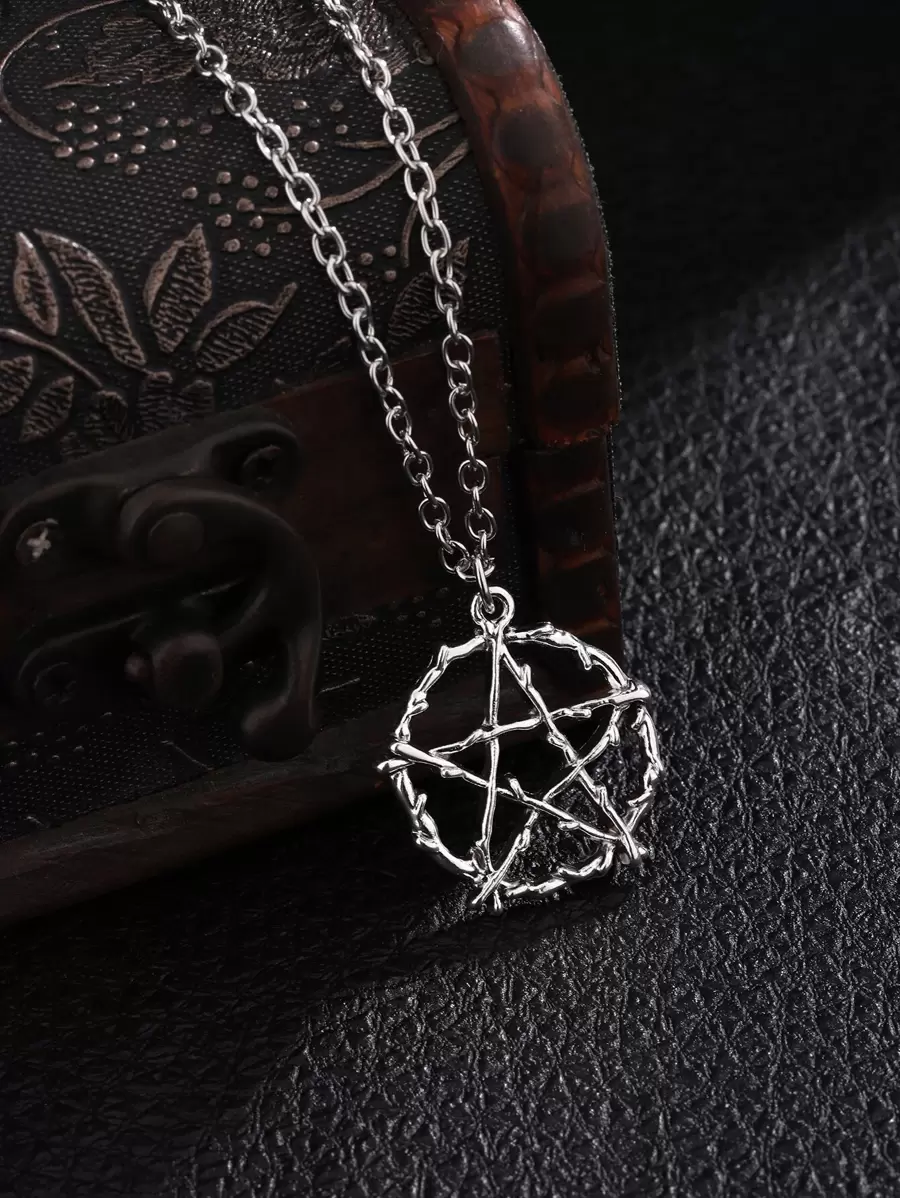 1pc Vintage Geometric Thorn Pentagram Pendant Necklace For Men - Antique Silver - View 1