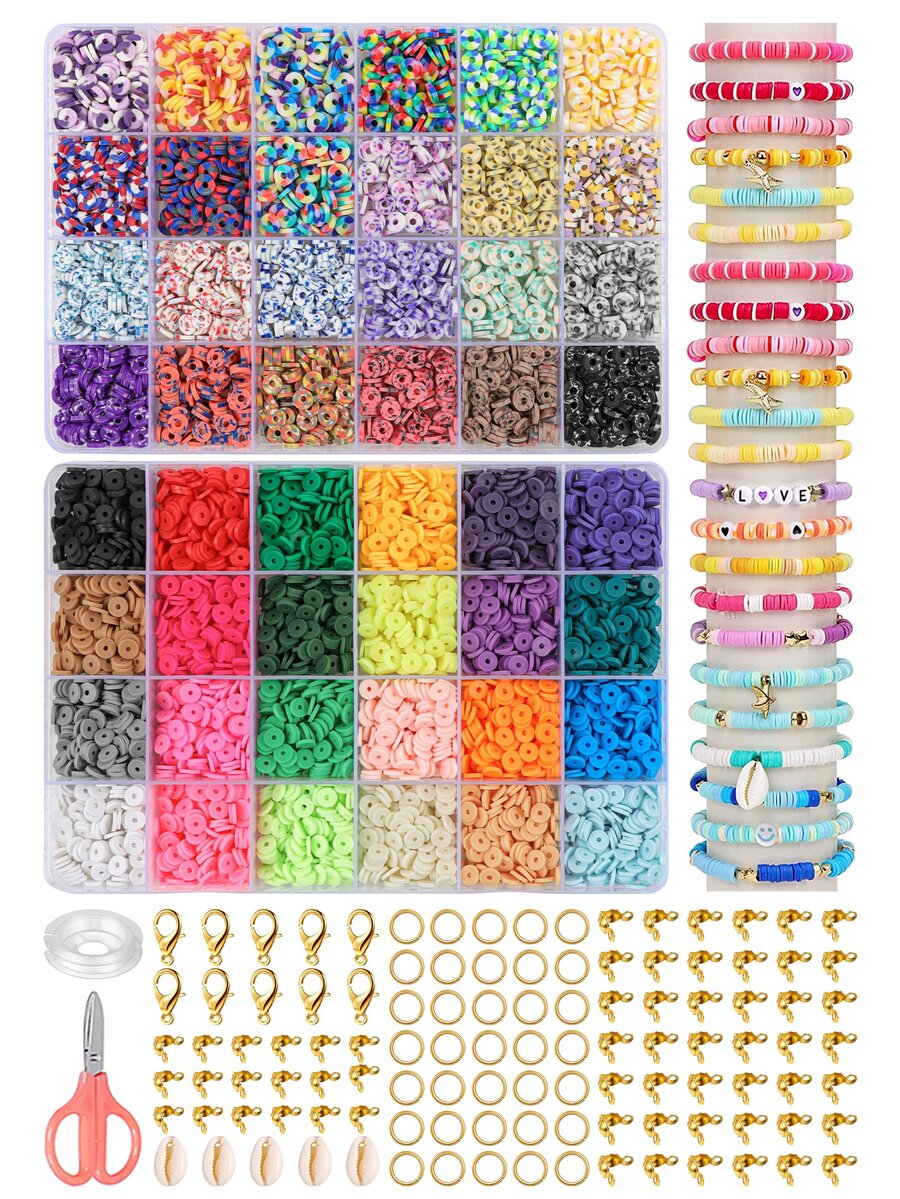 7200入組聚合物粘土珠子成套工具,學院友誼平底珠子珠寶製作套件,帶吊墜和彈性,適用於女孩手工製作禮品套裝 - 彩色 - 查看 1