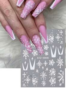 2入組冬季5D亞克力指甲貼紙，白色雪花心形星形滑片指甲藝術聖誕節設計5D浮雕指甲裝飾法國貼紙指甲配件修甲技巧朋友禮物自製 - 白色 - 查看 3