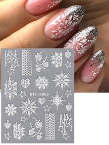 2入組冬季5D亞克力指甲貼紙，白色雪花心形星形滑片指甲藝術聖誕節設計5D浮雕指甲裝飾法國貼紙指甲配件修甲技巧朋友禮物自製 - 白色 - 查看 4
