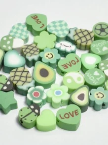 30pcs/pack Mixed-design 9-10mm Soft Ceramic Clay Beads In Green For Bracelet & Necklace Making - Green - View 1