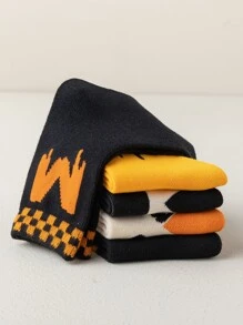 5雙/包,可愛的橘色袜子,帶有萬聖節圖案、字母、黑色、黃色、南瓜,適合男孩和女孩。這種中筒袜中性,有卡通怪物設計,適合派對、嘻哈街頭、休閒、運動、學院和冬季。