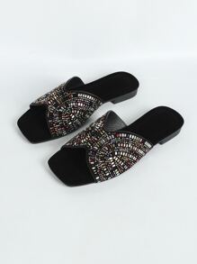 Women's Colorful Rhinestone Flat Sandals, Summer Casual Style, Black Velvet Slippers For Women - Black - View 9