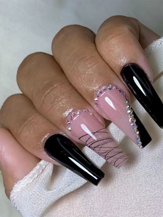 Mejore su aspecto con el kit de decoración de uñas de 24 piezas con alambre negro y pedrería a la moda, adecuado para fiestas, bailes y uso diario, con gel de gelatina y suministros de uñas de presión de lima de uñas