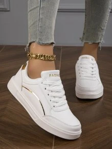 女性輕便PU皮革拼貼繫帶休閒運動鞋運動鞋