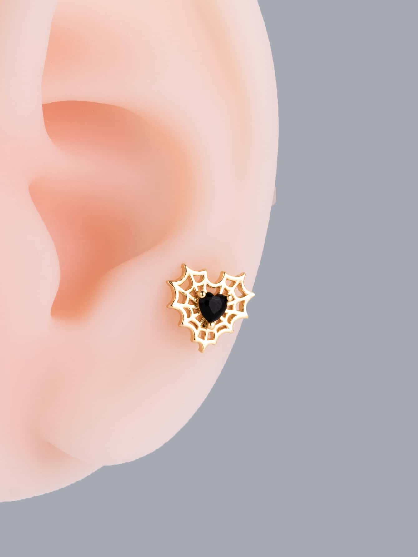 1pc Fashionable & Personalized Stainless Steel Micro Inlaid Spider Web & Heart Cartilage Stud Earring - Yellow Gold - View 1