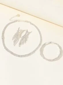 Fashionable, Elegant, And Graceful Double Row Of Rhinestone Necklace With Dazzling Dangle Earrings, Shiny Bracelet And Wedding Ring Set For Party/Bridal Jewelry