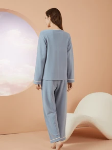 Women's Satin Lounge Set, 2 Pieces - Dusty Blue - View 2