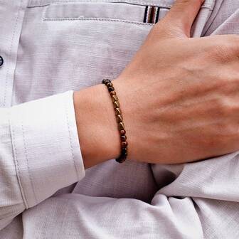 diffone Antieke handgemaakte armband van 4 mm natuursteenkralen, kleine koperen tijgeroog-hematietarmband voor heren, polsbandje, sieraden