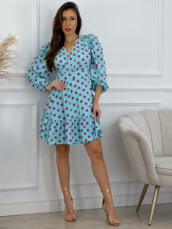 Vestido Curto Transpassado P/ Grávida e Gestante Manga Longa Bufante de Poá