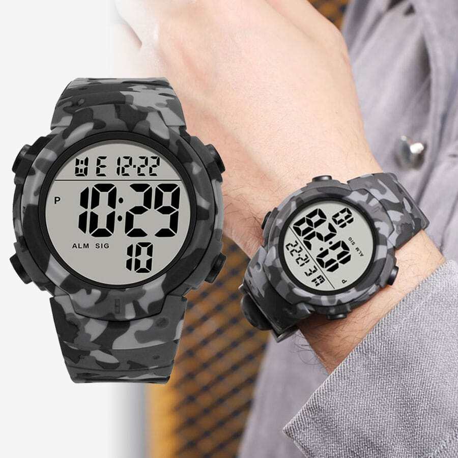 SYNOKE Reloj de camuflaje gris de hombres deportivo impermeable - Gris - Ver 1