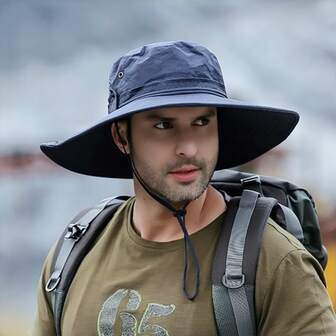 1 件装男士纽扣太阳帽，宽边渔夫帽，纯色，防紫外线，户外徒步旅行沙滩帽