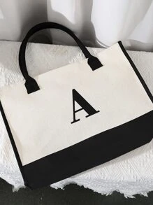 Di động, Trọng lượng nhẹ Túi tote chi tiết chữ cái, Túi xách vải đơn giản dành cho nữ Túi mua sắm đa năng lớn Công nhân, giáo viên, Dành cho các cô gái tuổi teen Túi, Túi Đeo Chéo Thời Trang Đa Năng - Đen và trắng - Xem 5