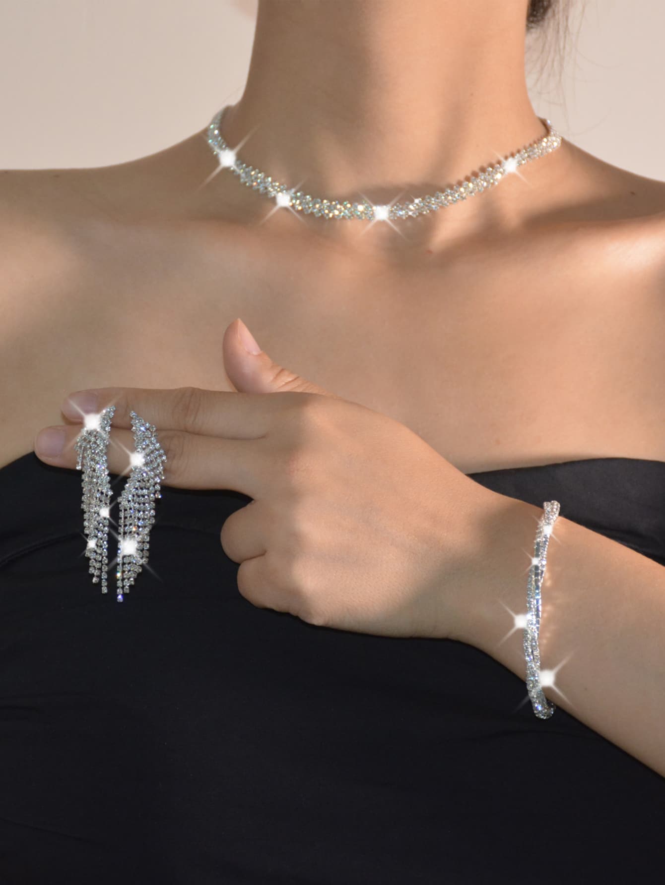 Fashionable, Elegant, And Graceful Double Row Of Rhinestone Necklace With Dazzling Dangle Earrings, Shiny Bracelet And Wedding Ring Set For Party/Bridal Jewelry