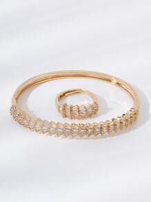 1 Conjunto Novo Conjunto De Pulseira E Anel Em Forma De Leque Pequeno, Exclusivamente Projetado Em Estilo Coreano De Cobre Banhado A Ouro 14k, De Zircônia De Mosaico De  E Luxuoso Para Mulheres