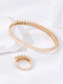1 Conjunto Novo Conjunto De Pulseira E Anel Em Forma De Leque Pequeno, Exclusivamente Projetado Em Estilo Coreano De Cobre Banhado A Ouro 14k, De Zircônia De Mosaico De  E Luxuoso Para Mulheres