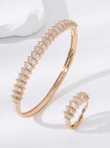 1 Conjunto Novo Conjunto De Pulseira E Anel Em Forma De Leque Pequeno, Exclusivamente Projetado Em Estilo Coreano De Cobre Banhado A Ouro 14k, De Zircônia De Mosaico De  E Luxuoso Para Mulheres
