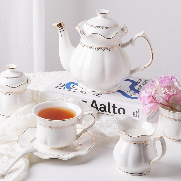 Sweejar 21 Piece Porcelain Tea Set With Gold Trim Ceramic Tea pot and Sugar & Creamer Pitcher
