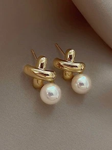 1 đôi Thanh lịch Và Sang trọng Retro Vượt qua Ngọc trai Giả Hoa tai , Thích hợp Đối với Của phụ nữ Mặc hàng ngày - Vàng - Xem 2