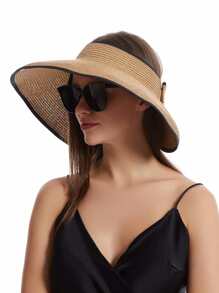 Sun Visor Hats For Women Wide Brim Straw Roll-Up Ponytail Summer Beach Hat UV UPF Packable Foldable Travel Boho Bow