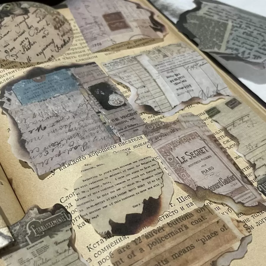 复古和纸贴纸包，包含英文手稿、时间碎片手稿系列、烧痕、不对称边缘、复古和文学日记 DIY 贴纸，40 张 - 彩色 - 查看 1