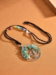 1pc Natural Stone Animal Owl Life Tree Detail Adjustable Long Necklace - Aventurine - View 1