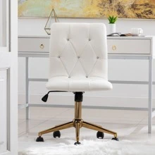 Duhome Modern Home Office Chair, Cute White Desk Chair with Gold Base, PU Leather Task Chair Computer Chair Rolling Chair with Wheels, Armless Vanity Chair