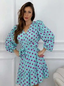Vestido Curto Transpassado P/ Grávida e Gestante Manga Longa Bufante de Poá