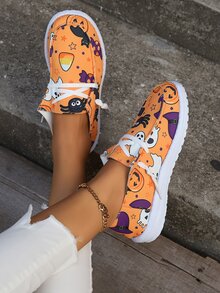 女性時尚舒適的室內/室外簡約萬聖節南瓜蝙蝠圖案休閒帆布鞋 - 橘色 - 查看 6