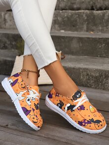 女性時尚舒適的室內/室外簡約萬聖節南瓜蝙蝠圖案休閒帆布鞋 - 橘色 - 查看 3