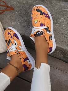 女性時尚舒適的室內/室外簡約萬聖節南瓜蝙蝠圖案休閒帆布鞋 - 橘色 - 查看 5