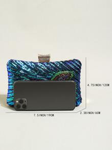 Sac de soirée clutch en perles et sequins motif paon, pour mariage et soirée - Bleu azur - Voir 4