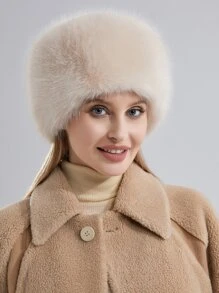 女款冬季蓬鬆帽子彈性哥薩克風格白色保暖帽 - 米色 - 查看 5