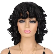 12inch Small Curl & Afro Wig Short Curly Hair Roman Curl Huge Puff Heat Resistant Synthetic Fiber Hairpiece For Daily Party And Cosplay(black) - Black - View 3