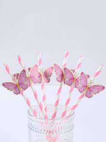 6/12支粉色蝴蝶一次性纸吸管，生日派对餐具装饰吸管，婚礼餐具婚礼装饰房间装饰一次性餐具一次性吸管，家庭节日派对厨房装饰 - B - 查看 4