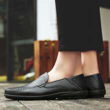 Zapatos De Hombre Clásicos Y Simples Tipo Mocasines Sin Corteza, Fondo Plano Y Suela De Goma Para Conducir Y Ir Casual - Negro - Ver 5
