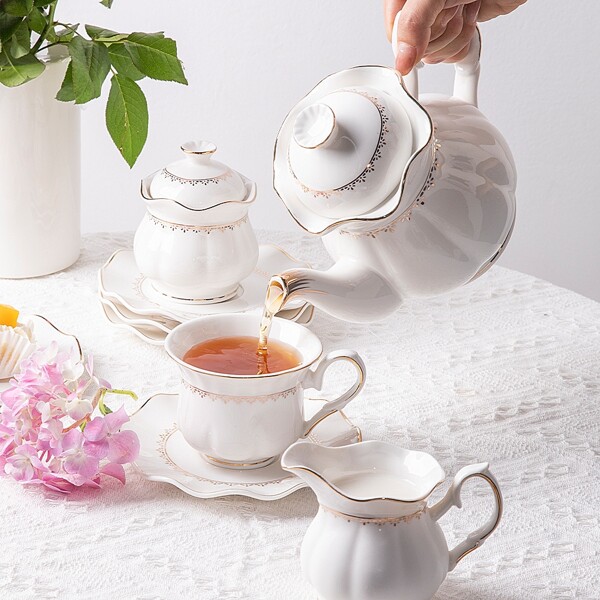 Sweejar 21 Piece Porcelain Tea Set With Gold Trim Ceramic Tea pot and Sugar & Creamer Pitcher
