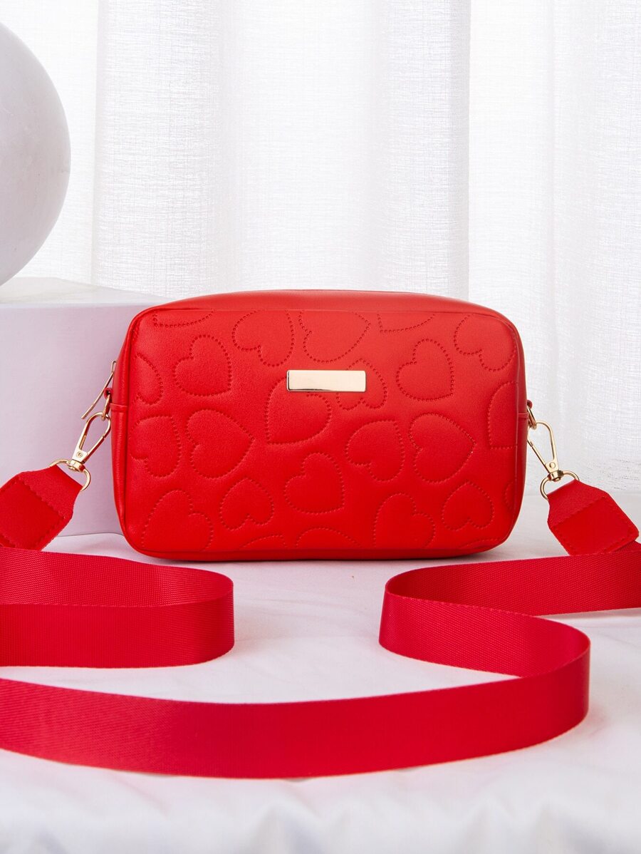1 件心形压纹斜挎包，百搭时尚迷你方形单肩包，金色金属装饰，适合女士 - 紅色 - 查看 1
