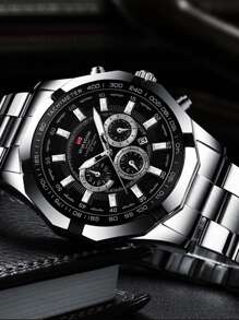 VA VA VOOM 男士运动型石英防水手表，黑色表盘，可作为父亲节礼物，也可作为返校学生的礼物 - 銀色 - 查看 4